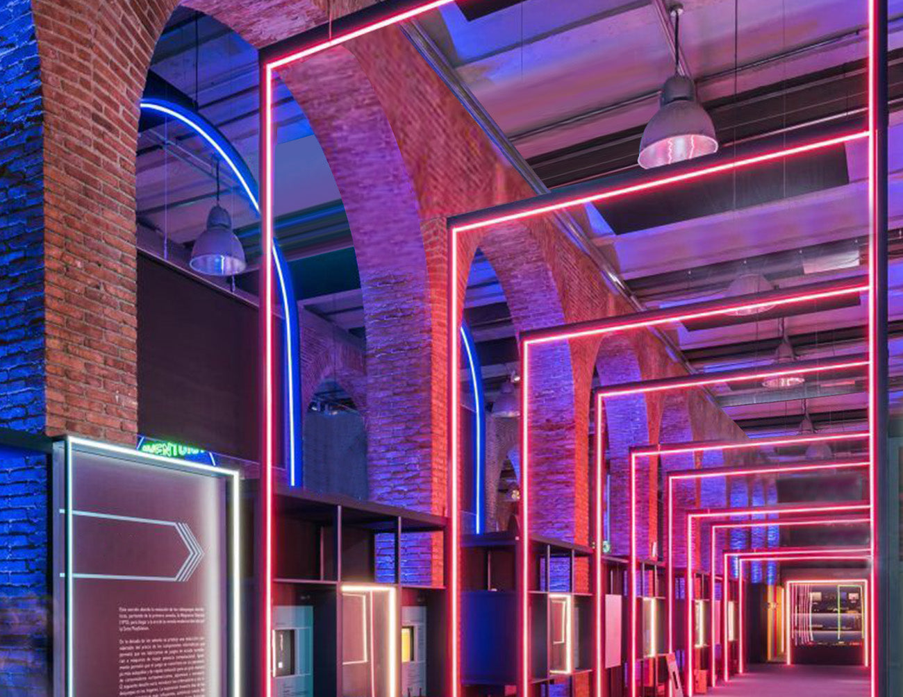 3D neon LED lights are used for hallway illumination.