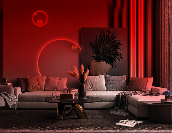 Vivid red 3D neon lighting accentuating the contours of a modern living room, creating a bold and dynamic atmosphere.