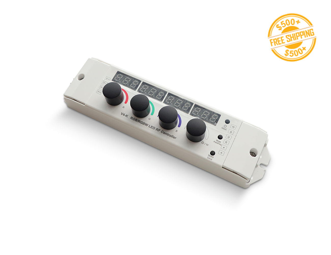 12V-24V RGBW RF Controller features a digital display, knob control, and RF remote, offering precise 4-channel color adjustment and dimming. With four PWM frequency options, it ensures smooth and flicker-free lighting control, perfect for LED strip lights and custom lighting projects.