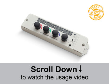 12V-24V RGBW RF Controller features a digital display, knob control, and RF remote, offering precise 4-channel color adjustment and dimming. With four PWM frequency options, it ensures smooth and flicker-free lighting control, perfect for LED strip lights and custom lighting projects.