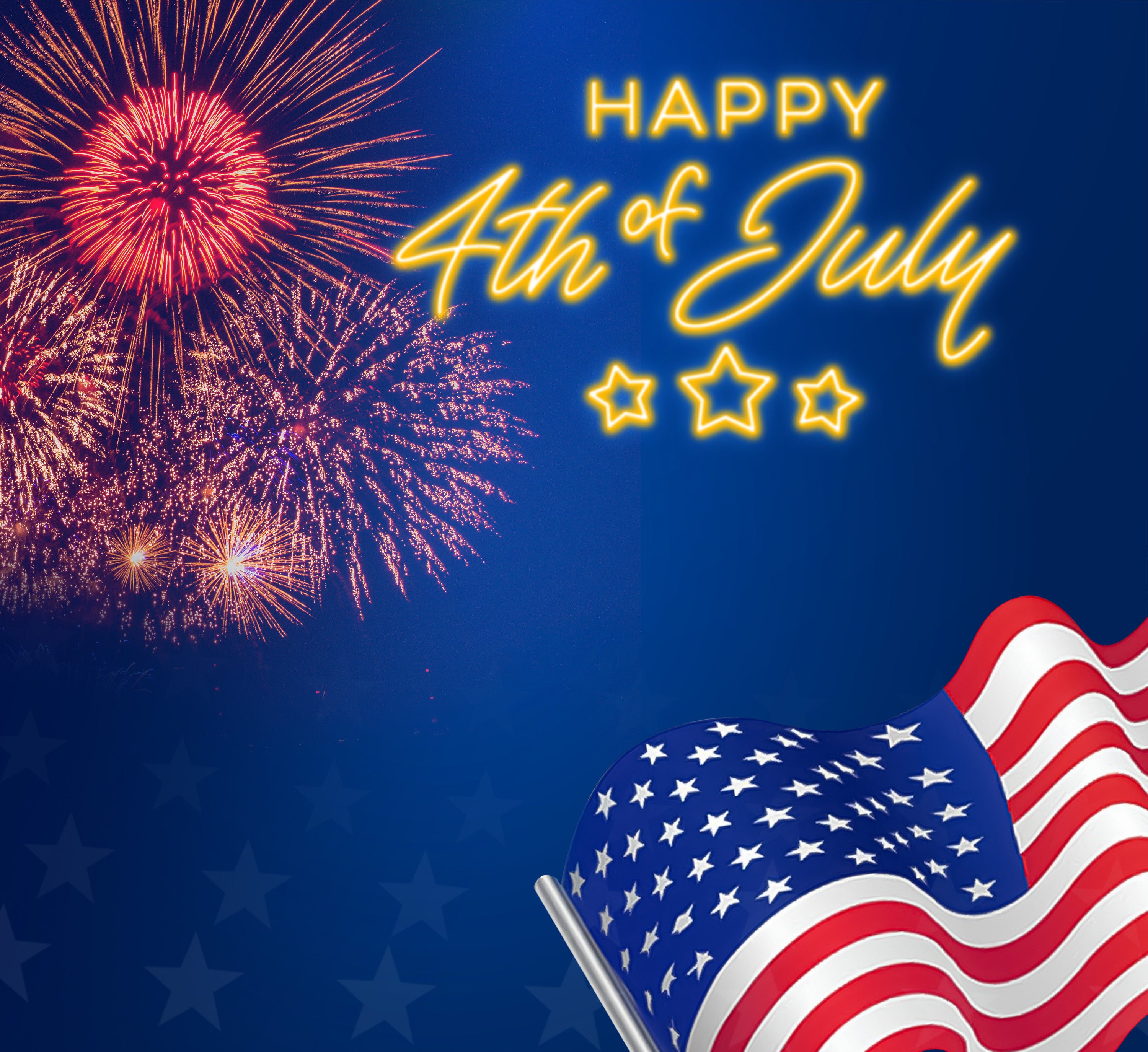 Happy Independence Day banner with fireworks, American flags, and red, white, and blue balloons celebrating the 4th of July.