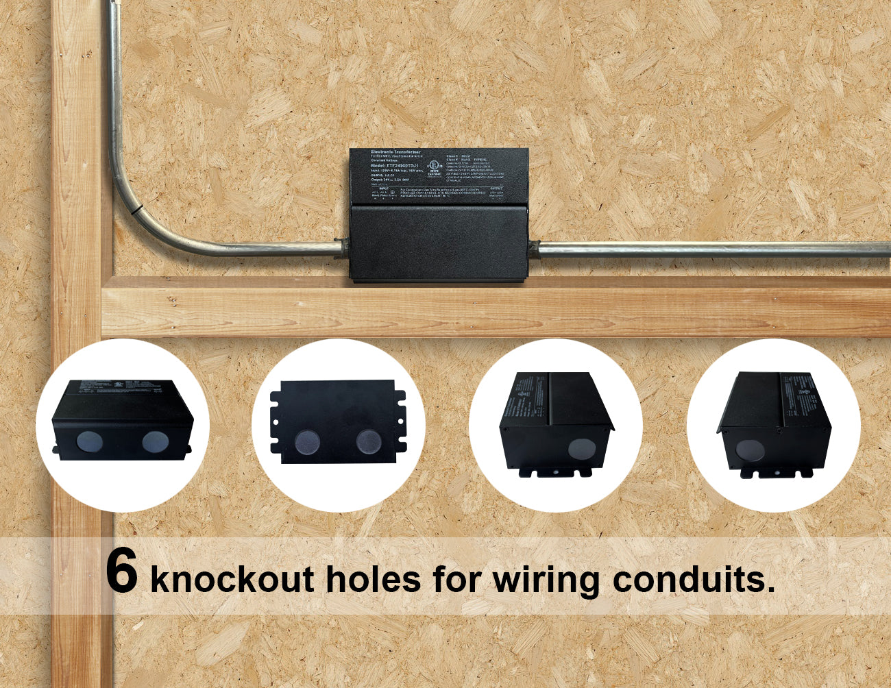 A diagram illustrating a junction box with 6 knockouts, highlighting multiple wiring entry points for power supply installation.