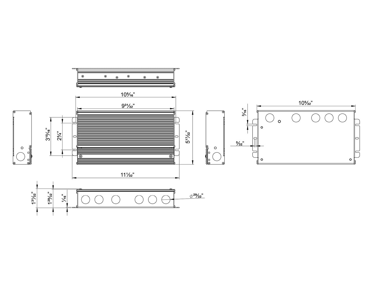 Dimensions for the G Series Dimmable 600W 24VDC LED power supply.