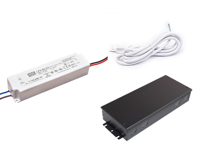 Mean Well 60W 24VDC LED driver with black junction box and white three-prong power cord.