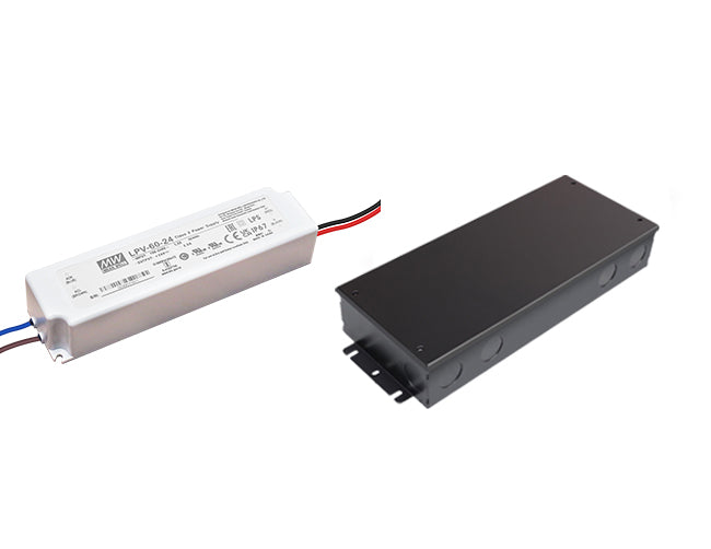 Mean Well 60W 24VDC LED transformer with black junction box for powering LED light systems.