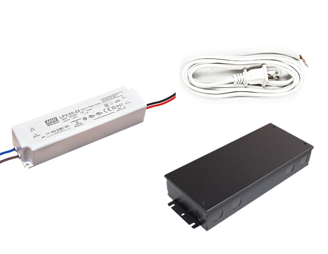 Junction box, two-prong power cable, and 60W 24V low voltage transformer for LED lights.