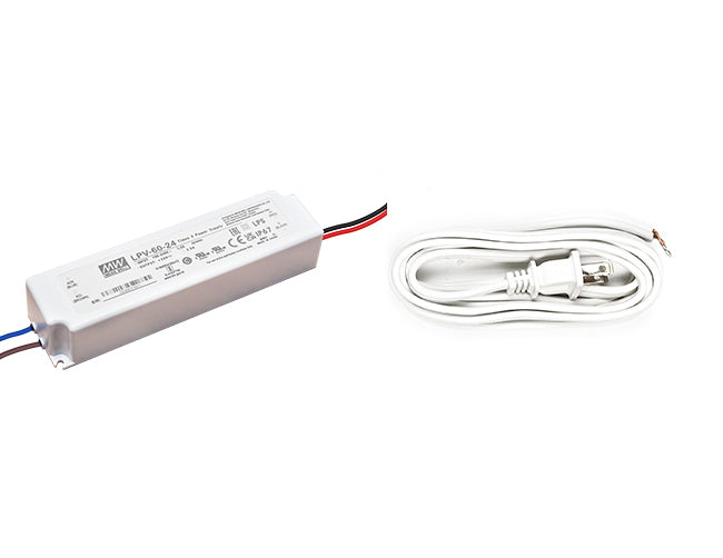 60W-24V low voltage transformer with white two-prong power cord.