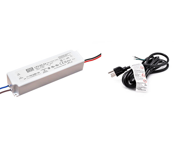 60W 24VDC LED power supply with a black three-prong power cord for line voltage.