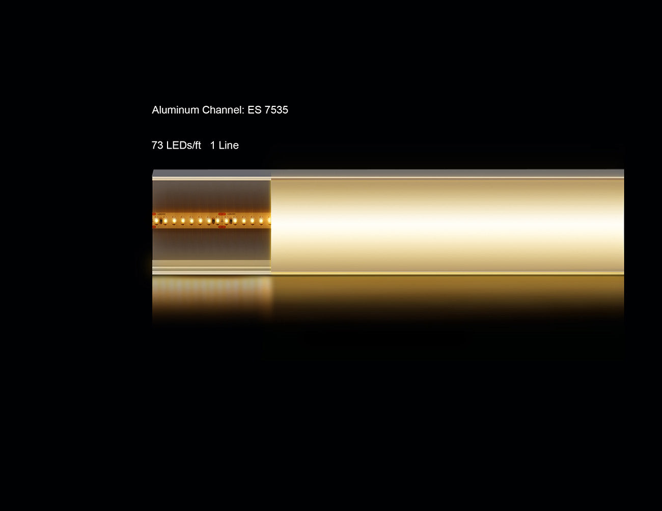 A section of LED aluminum channel ES-7535 with one line of lighted LED strip light inside.