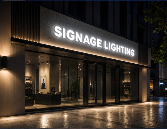 Modern retail building facade featuring LED Mini Module - 9000K illuminated signage with uniform cool white light for commercial branding and outdoor advertising displays.
