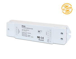 4-channel RGBW constant voltage amplifier with 12–36V input and 5A per channel, ideal for extending LED strip signals