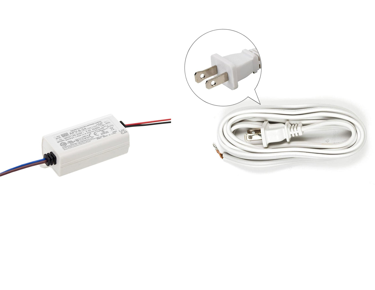 Mean Well 8W 24VDC LED power supply with a white two-prong power cord for 120VAC.