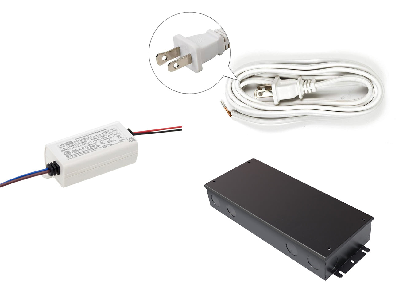 Mean Well 8W 24VDC LED power supply with black junction box, US quarter for size reference, and white two-prong power cord for line voltage.