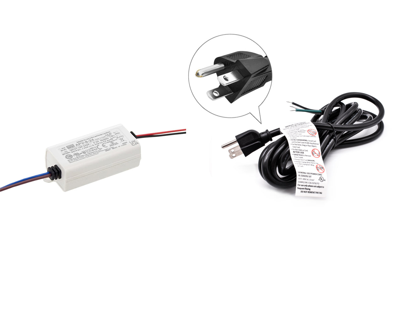 Mean Well 8W 24VDC LED power supply with black three-prong power cord.