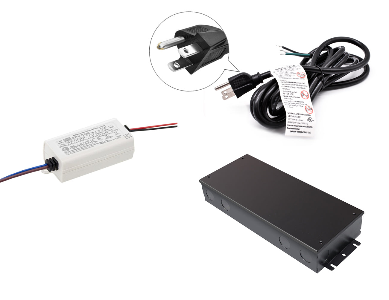 Mean Well 8W 24VDC LED driver with black junction box, black three-prong power cord, and US quarter for size reference.