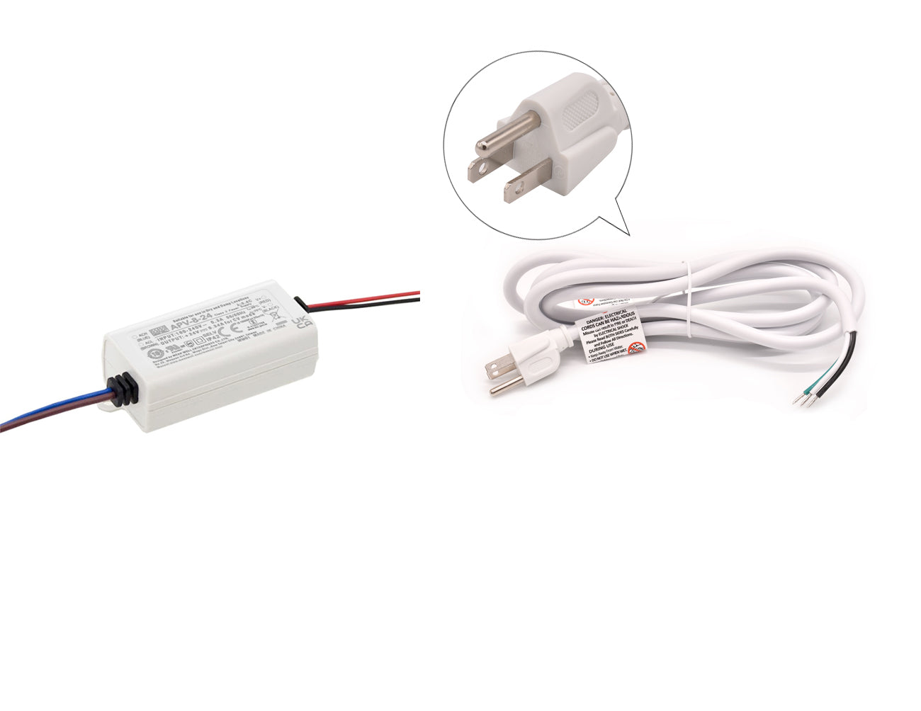 Mean Well 8W 24VDC power supply with white three-prong power cord for powering LED strip light systems.