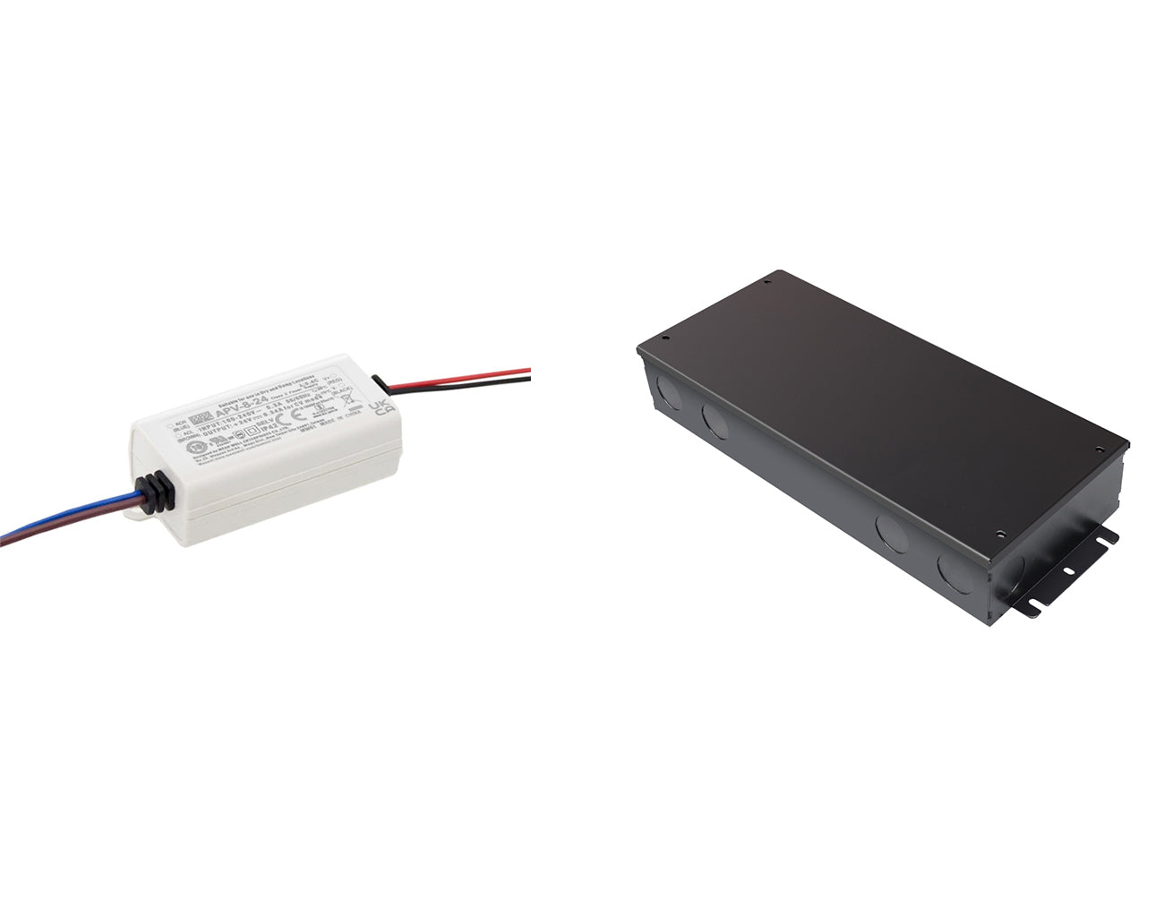 A Mean Well 8W 12VDC power supply with a black junction box for powering LED strip light systems.