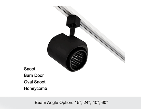 A picture showing GL LED Track Light - Standard 22W - 3000K. The track light has beam angle options of 15°, 24°, 40°, and 60°. Compatible parts of snoot, barn door, oval snoot, and honeycomb are available to bring more variations of the track light.