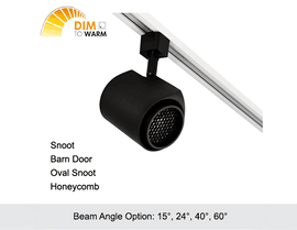 GL LED track light dim to warm model 14W. The track light has beam angle options of 15°, 24°, 40°, and 60°. Compatible parts of snoot, barn door, oval snoot, and honeycomb are available to bring more variations of the track light.