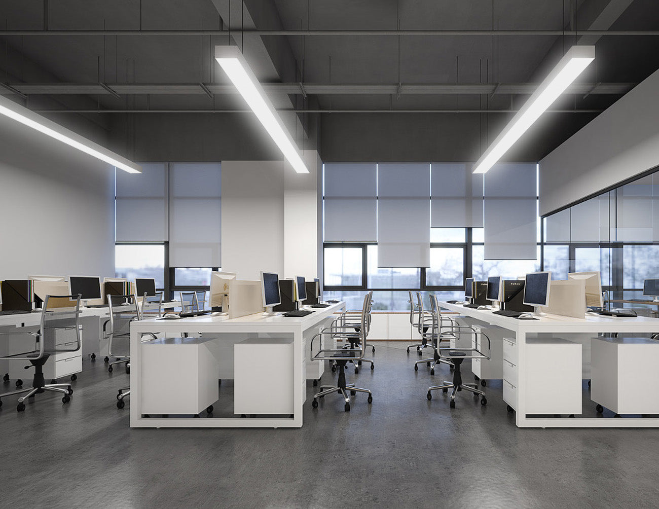 A few LED strip light fixtures using ES-7535 aluminum channels are suspended on the ceiling to illuminate office area.