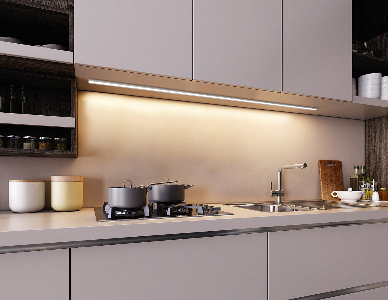 LED strip light fixtures using thin flat YD 2601 aluminum channels are installed under kitchen cabinets to illuminate the countertop.