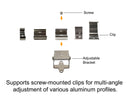 Aluminum Channel Adjustable Bracket with screw-mounted clips for multi-angle adjustment of various aluminum profiles.