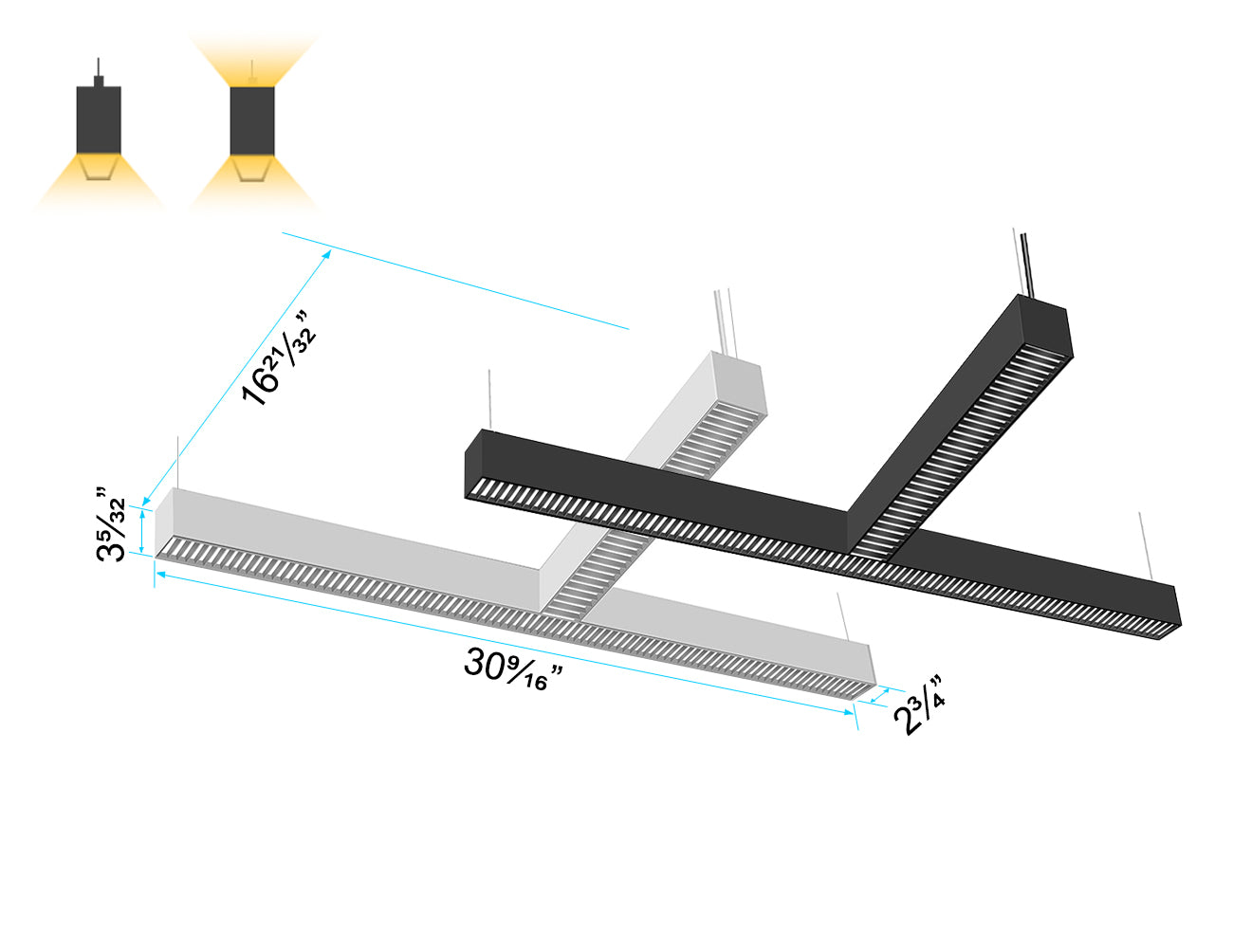 GL LED L8070 T-shape fixture with dual lighting modes and black/white body choices, equipped with precision Louver Lens.