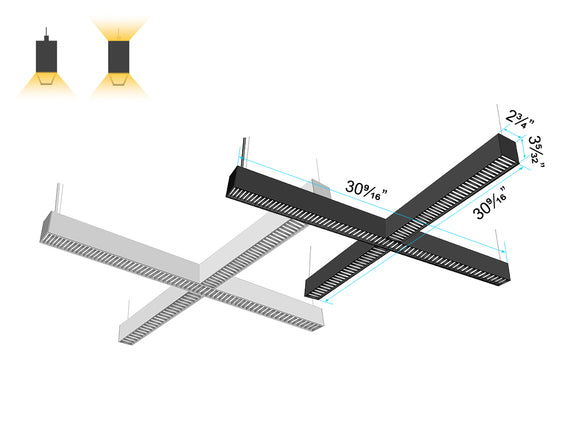 L8070 X-shape linear lighting with configurable light direction, glare-reducing Louver Lens, and black or white housing versions.