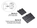 Electrical box barriers A and B for separating high- and low-voltage wiring and flexible wire routing