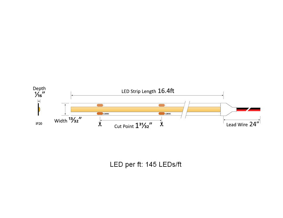 Dimensions for the COB Series 24VDC low voltage LED strip lights.