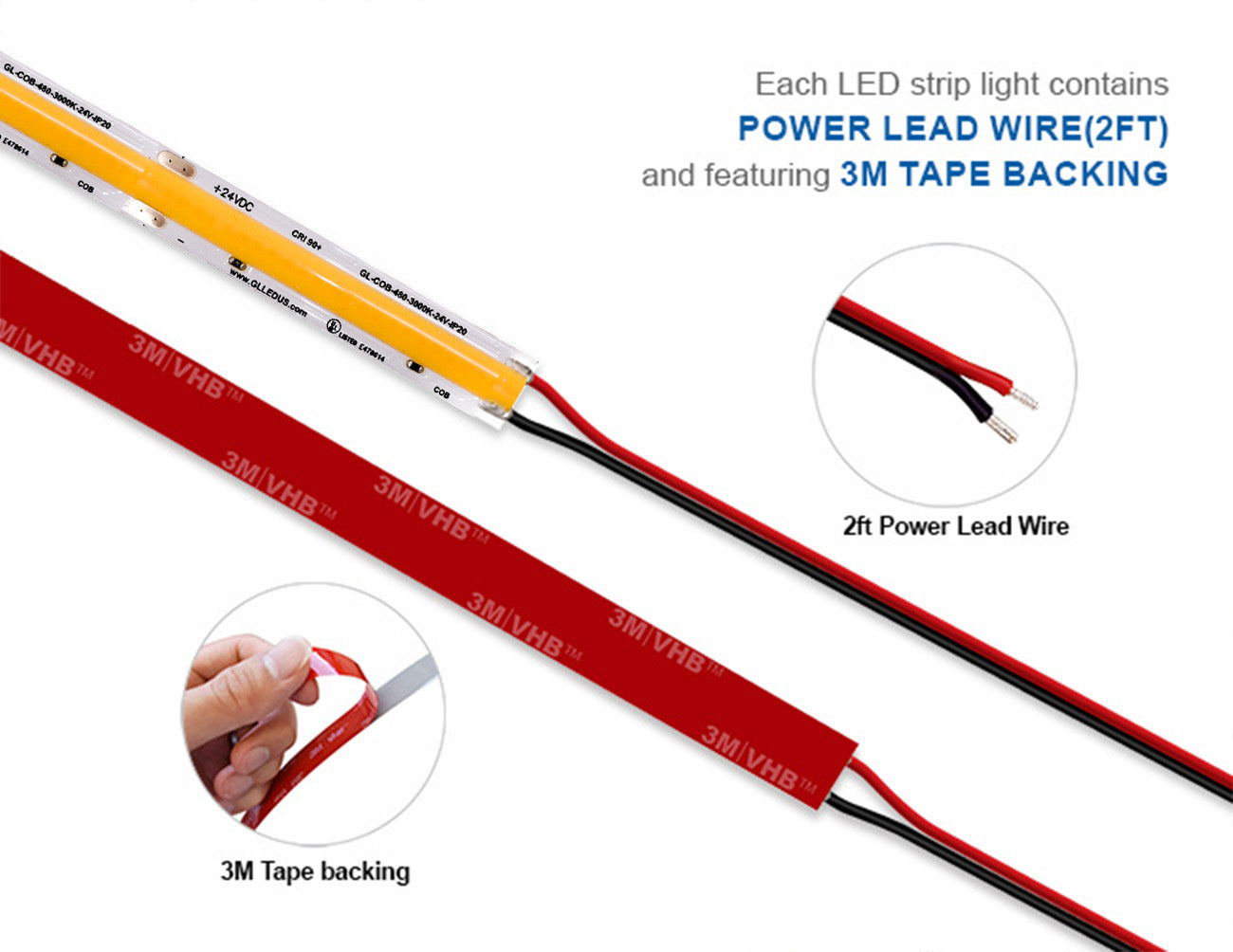 Each LED light strip comes with a 3M tape surface mounting option and 2ft of lead wire for seamless lighting design in commercial and residential applications.