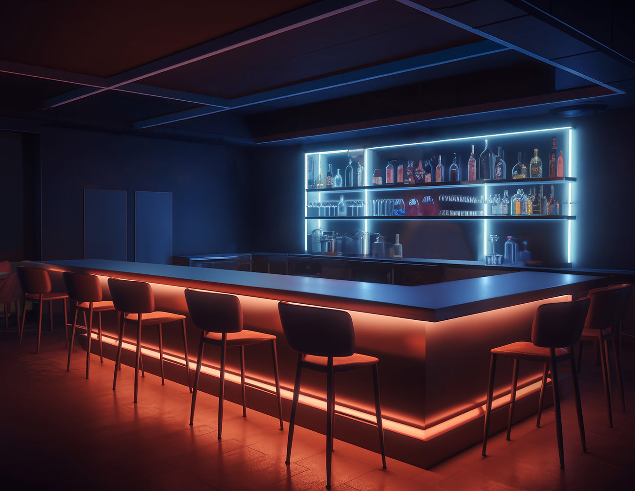 A bar is decorated with wet rated COB RGBW LED strip lights that are powered by a dimmable low voltage transformer.