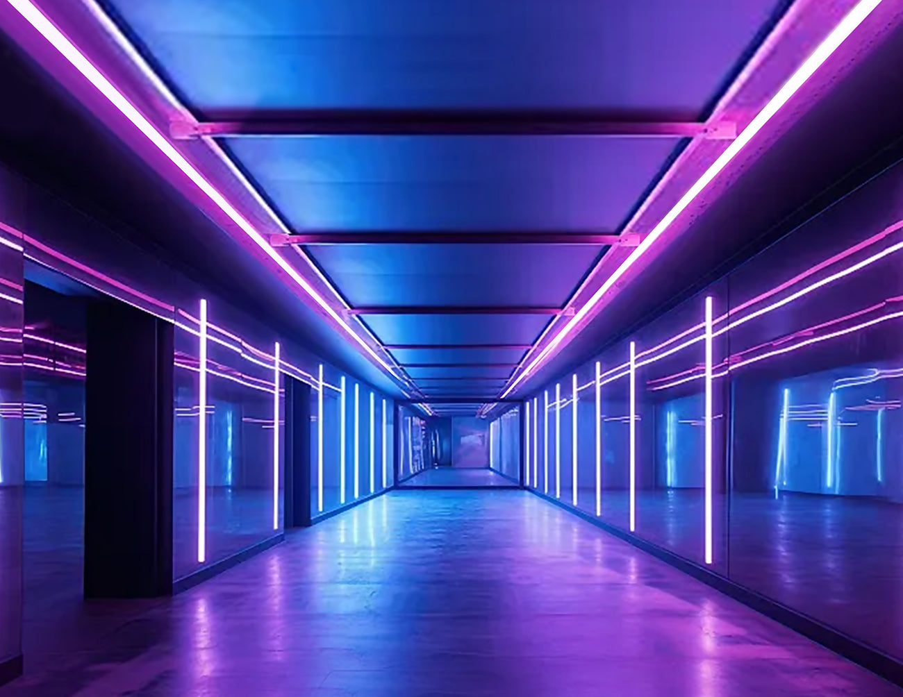 A hallway corridor is decorated with wet rated COB RGBW LED strip lights that are powered by a dimmable low voltage transformer.