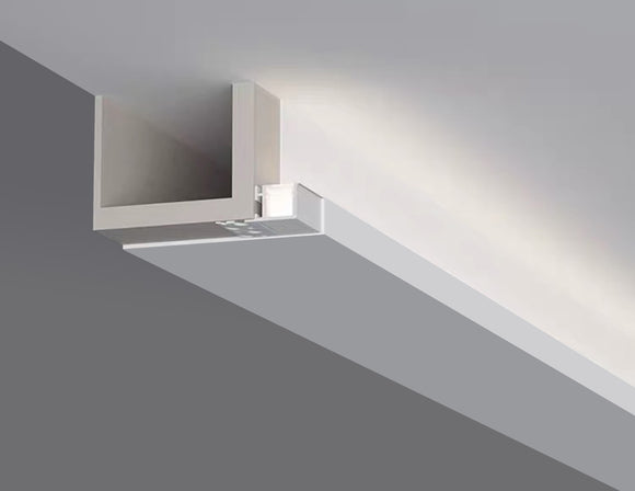 GLB L550B flush aluminum LED channel with milky diffuser, designed for wall installation to illuminate ceilings.