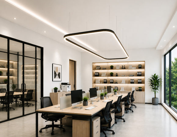 Circle Linear Light suspended above a modern open office workspace, providing warm, continuous architectural lighting for desks and contemporary commercial interiors.