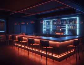 A bar counter with colorful lighting beneath and behind the shelves, controlled by an RGBW Remote Controller. The dynamic lighting adds a vibrant atmosphere to the bar area.