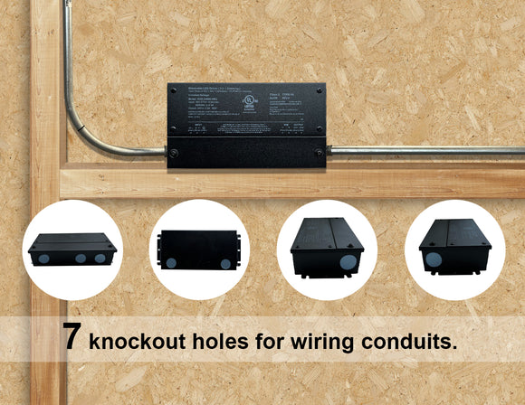 Advanced technology LED driver with 5-in-1 dimming and 7 knockout hole design.