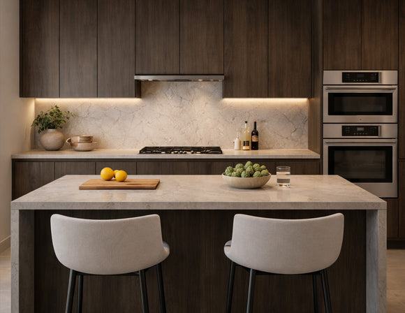 Corner surface mount aluminum undercabinet LED strip light integrated into modern kitchen cabinetry, delivering warm linear architectural lighting for cabinet and countertop applications.