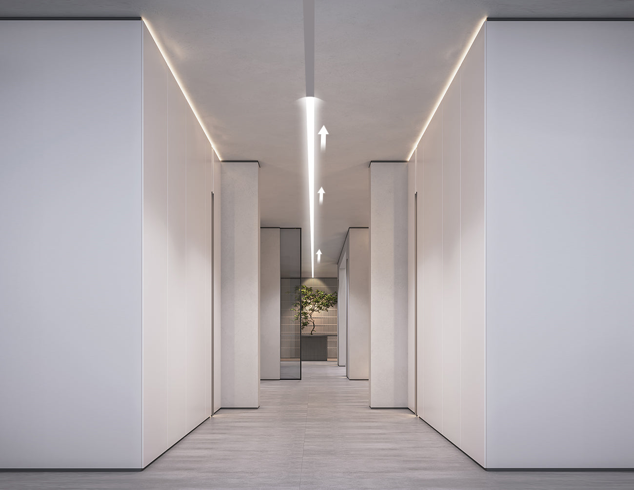 An office hallway is decorated with animated WHITE SPI LED strip lights that are powered by a dimmable low voltage transformer.