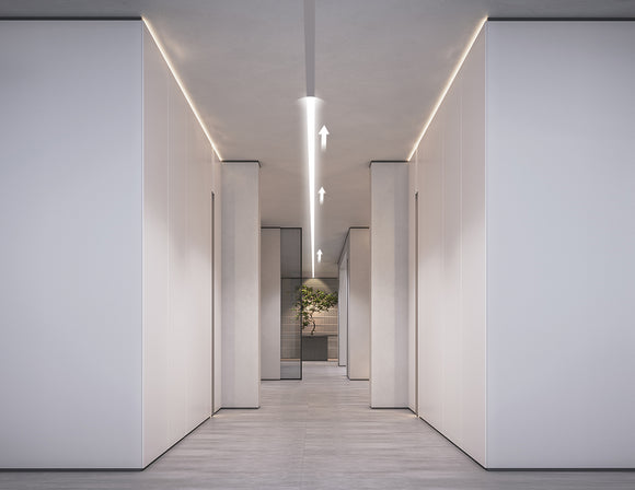 An office hallway is decorated with animated WHITE SPI LED strip lights that are powered by a dimmable low voltage transformer.