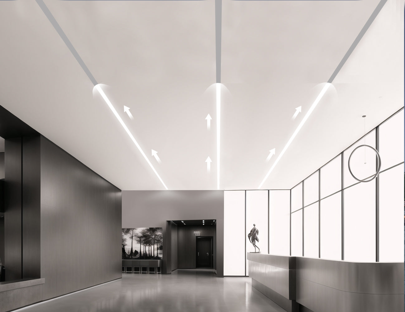 An office lobby is decorated with animated WHITE SPI LED strip lights that are powered by a dimmable low voltage driver.