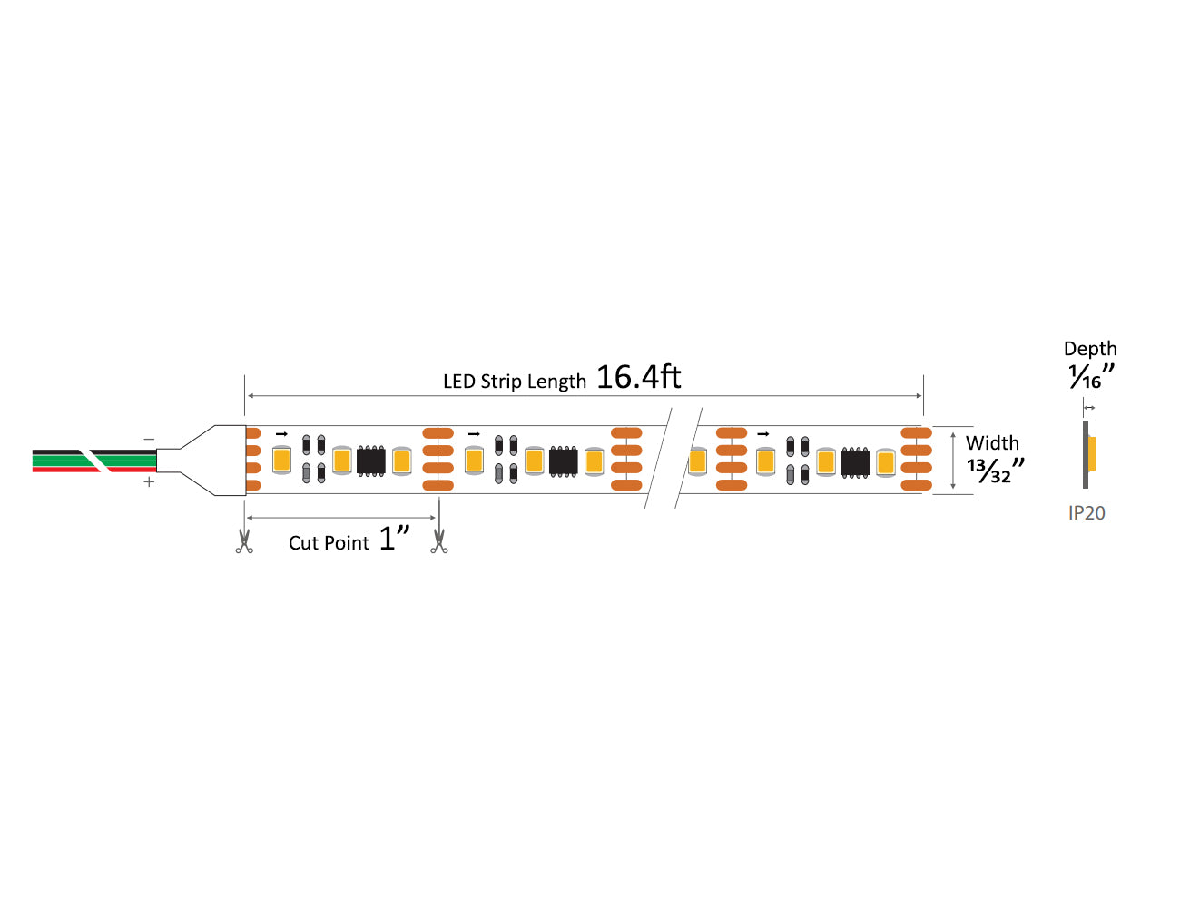 Dimensions for the ECO Series 24VDC dimmable LED strip lights.