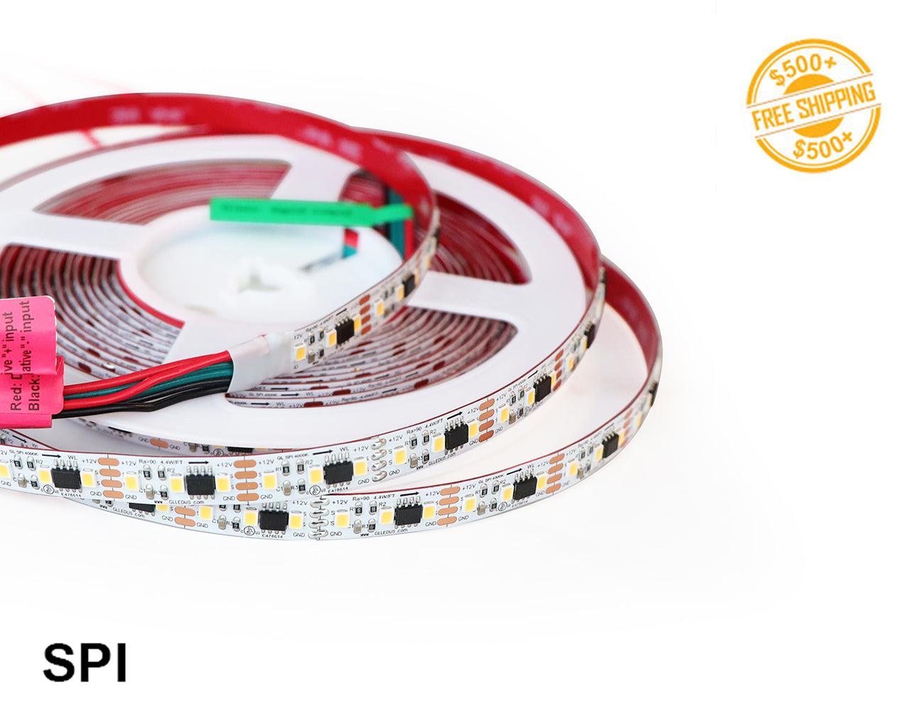 WHITE SPI Series 24VDC low voltage LED strip lights and a label for free shipping on orders over $500.