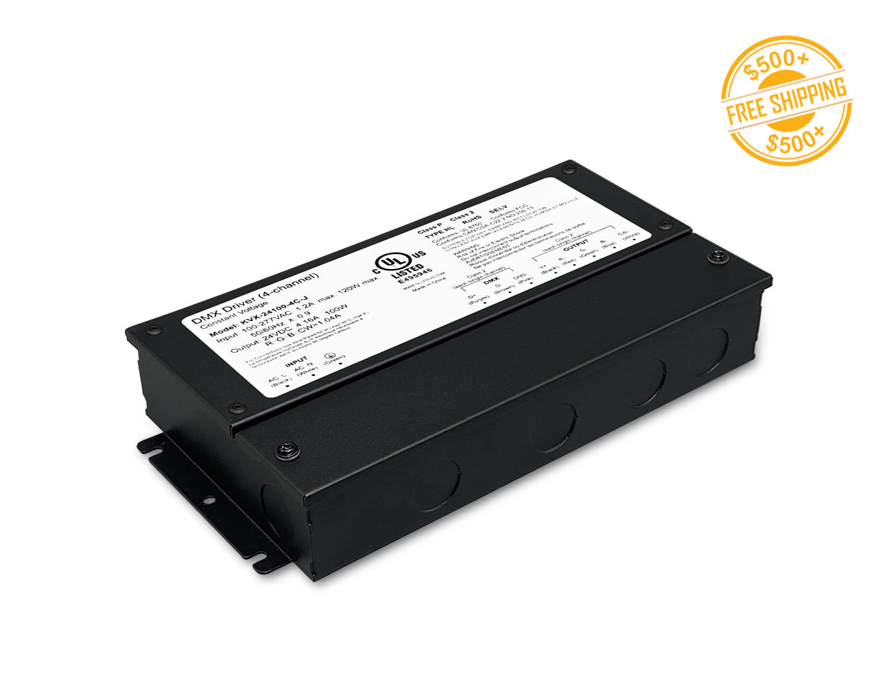 A DMX LED 100W 24VDC dimmable RGB LED low voltage transformer and a label for free shipping on orders over $500.