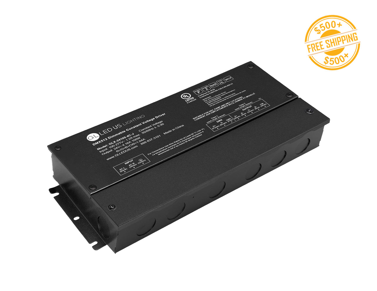 A DMX LED 100W 24VDC dimmable RGB LED low voltage transformer and a label for free shipping on orders over $500.