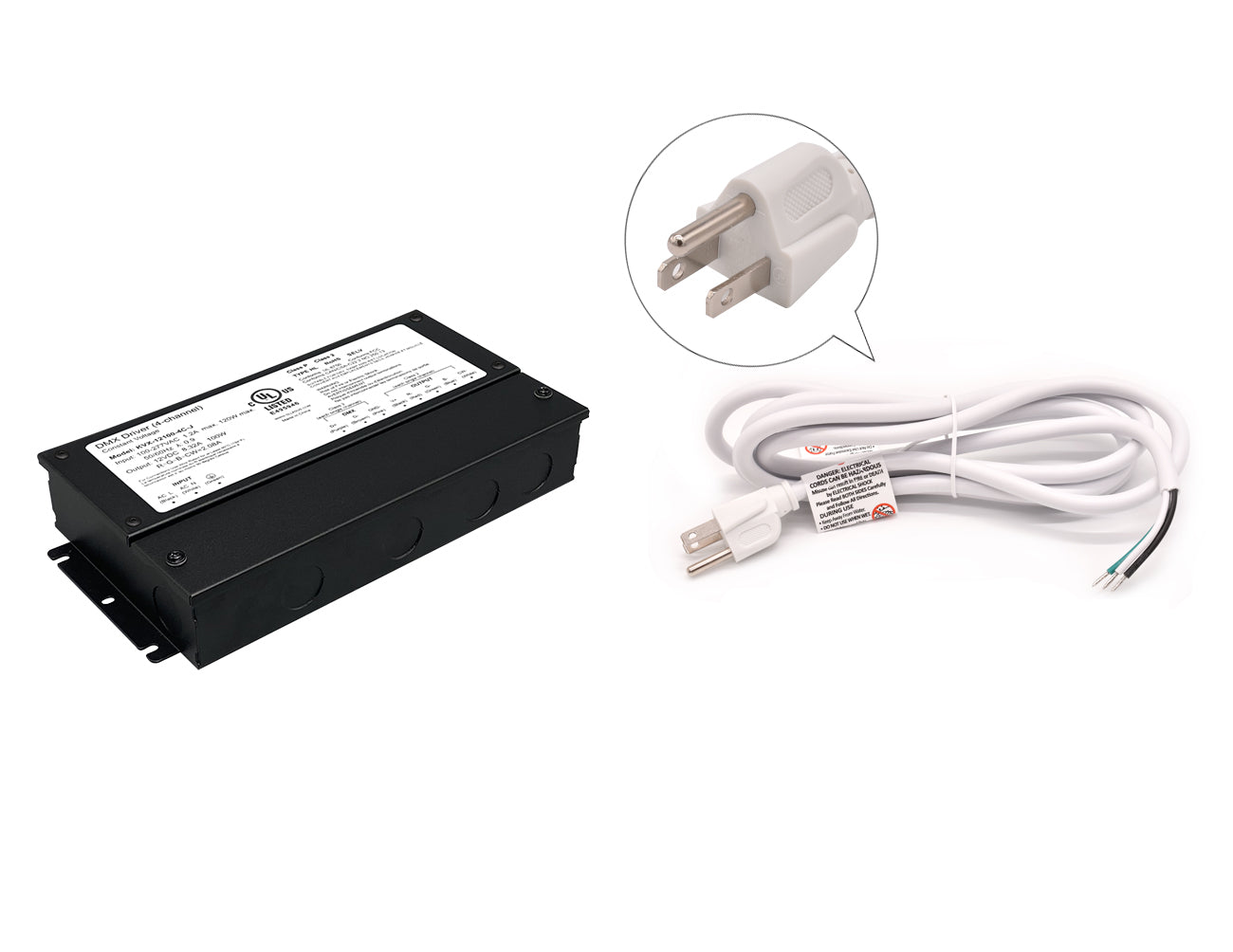 DMX LED RGB 100W 12VDC dimmable LED power supply with white three-prong power cord for 120VAC.