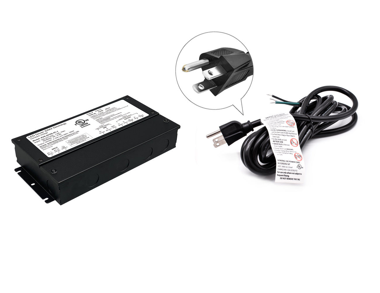 DMX LED RGB 100W 24VDC dimmable LED power supply with black three-prong power cord for 120VAC.