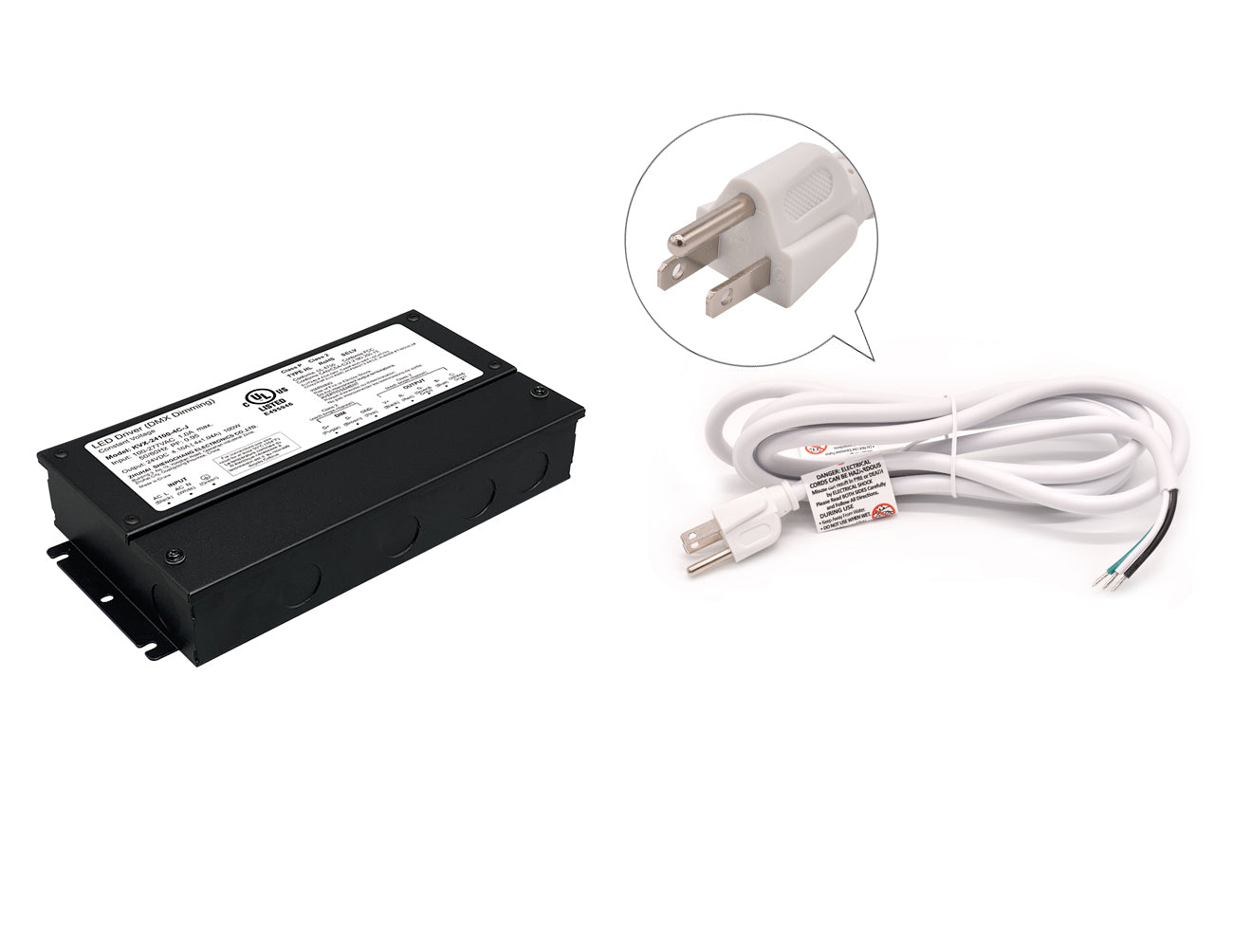 DMX LED RGB 100W 24VDC dimmable LED power supply with white three-prong power cord for 120VAC.