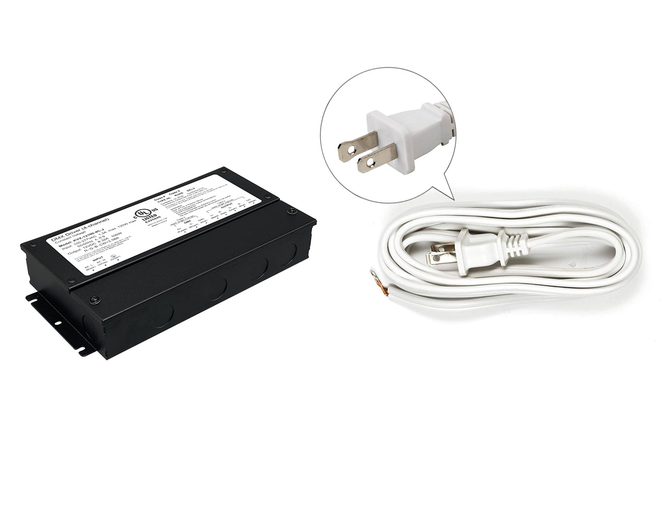 DMX LED RGB 100W 12VDC dimmable LED transformer with white two-prong power cord.