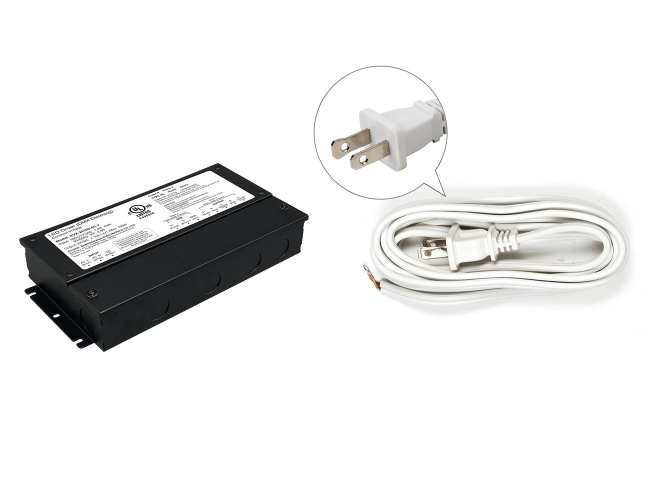 DMX LED RGB 100W 24VDC dimmable LED transformer with white two-prong power cord.